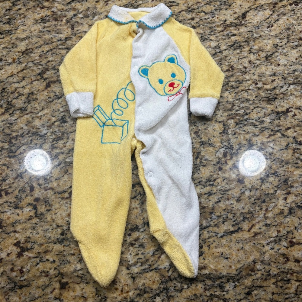Vintage Boy Yellow Terry Cloth Bear Jack-in-the-Box Footed Sleeper Baby Pajamas